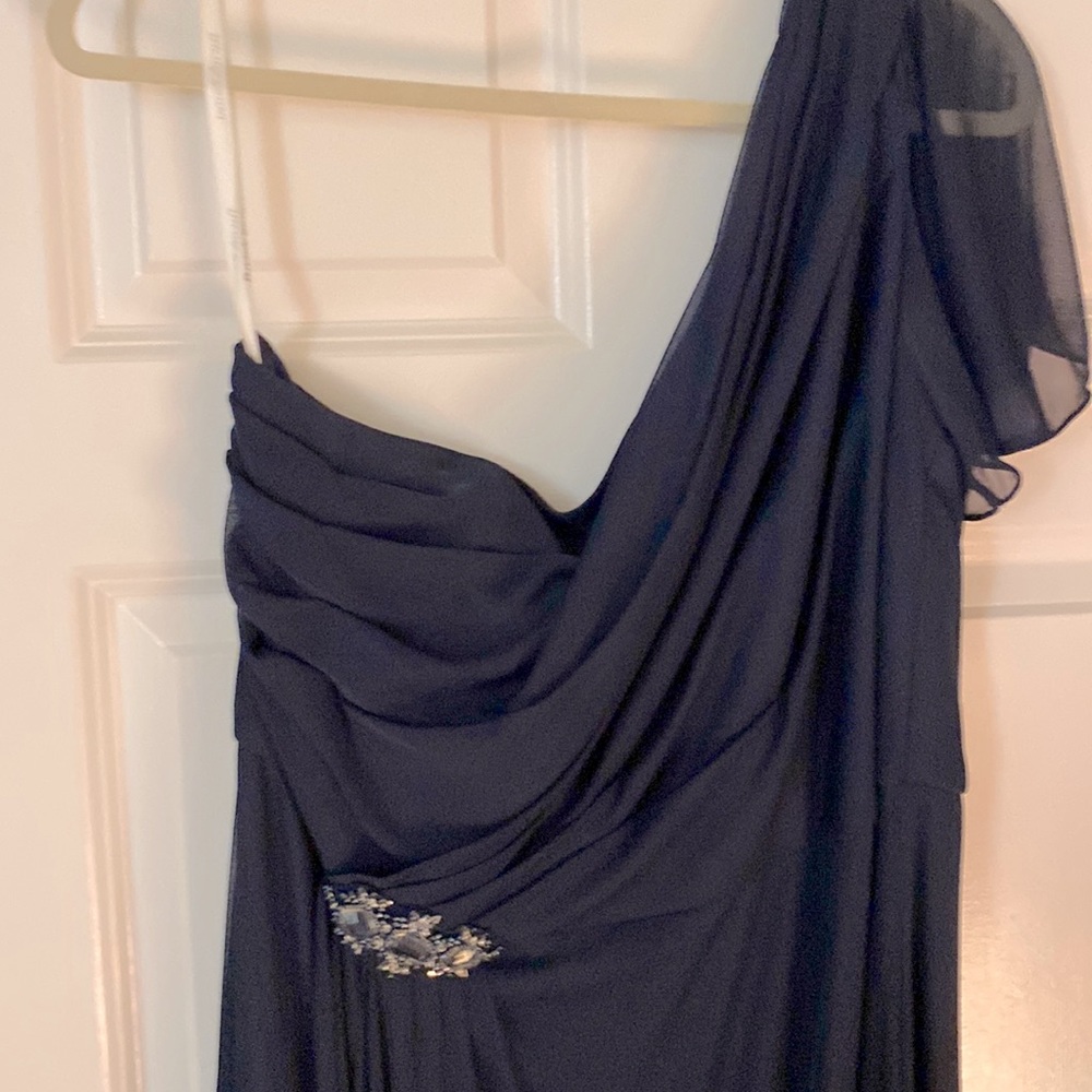 One shoulder twilight blue formal dress. Chiffon overlay